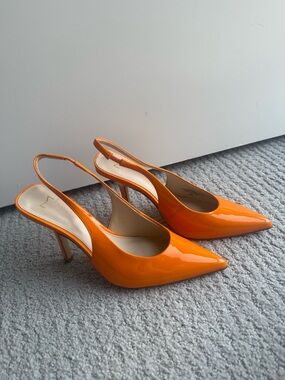 Marc Fisher Orange Patent Pointed Slingback Heels